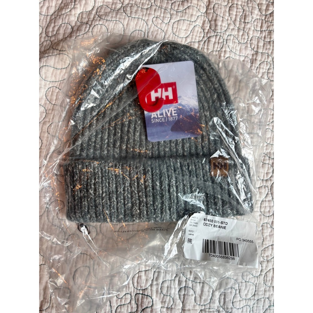 Helly Hansen Cozy Beanie Grey Ribbed Knit Cuffed Winter Hat Mens